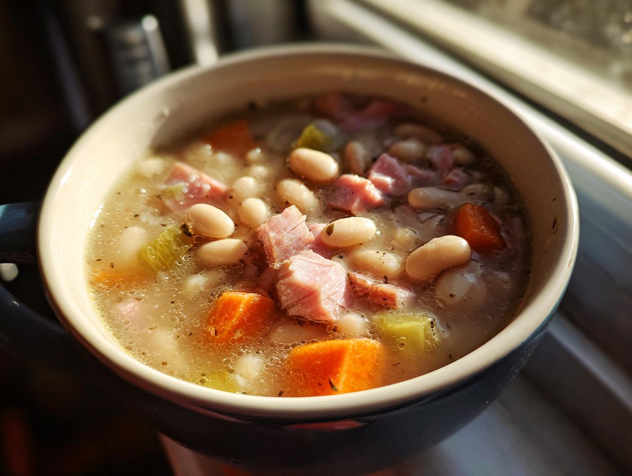 Close-up of a steaming mug filled with rich navy bean soup featuring white beans, diced ham, carrots, and celery.