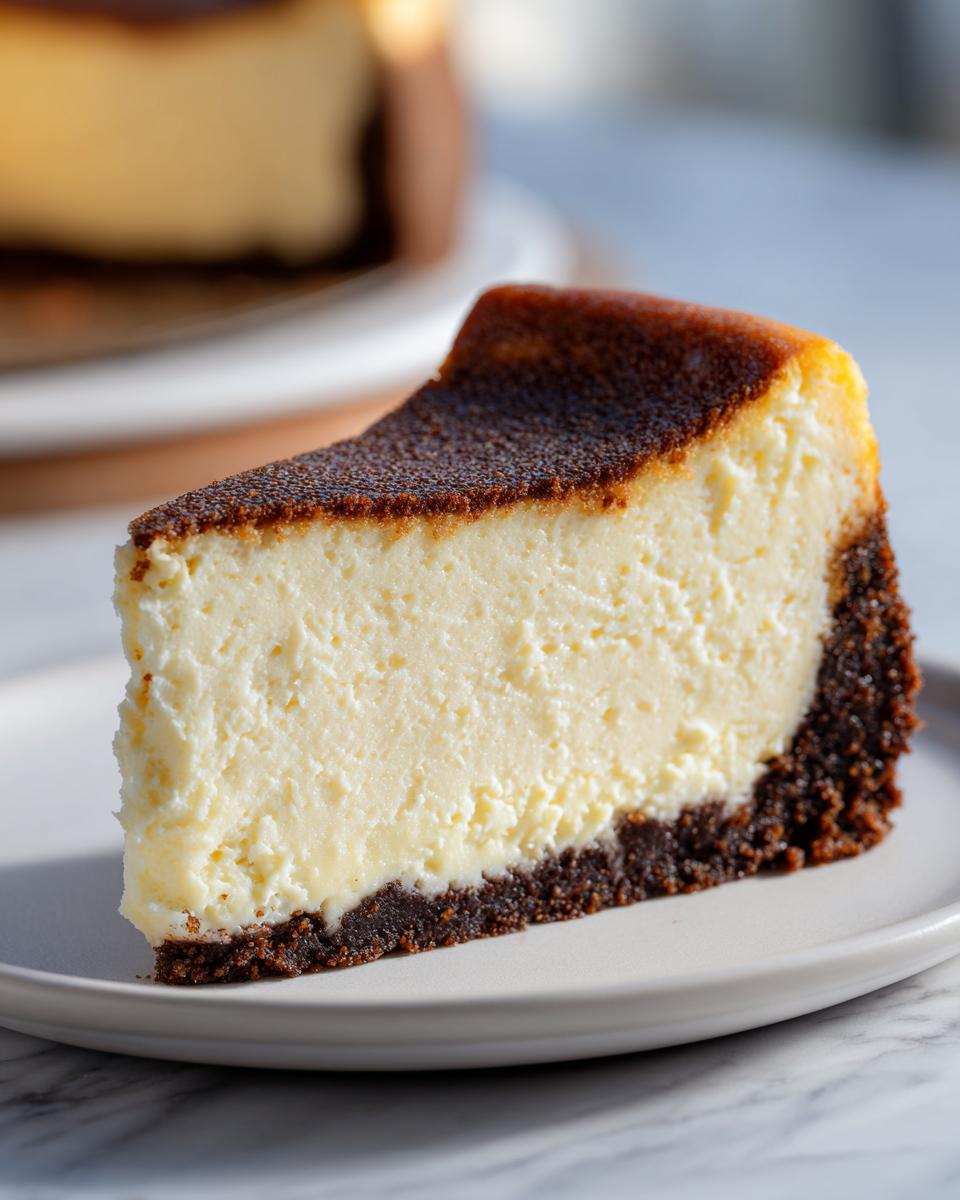 Close-up of a thick slice of creamy New York Cheesecake featuring a dark, caramelized top and chocolate crust.