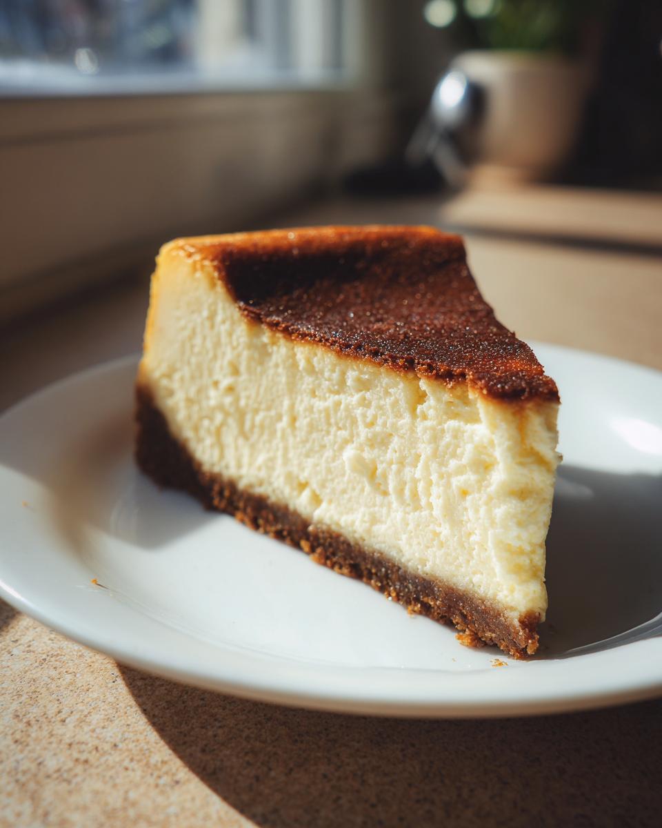 A thick slice of creamy New York Cheesecake with a dark, caramelized top and graham cracker crust on a white plate.