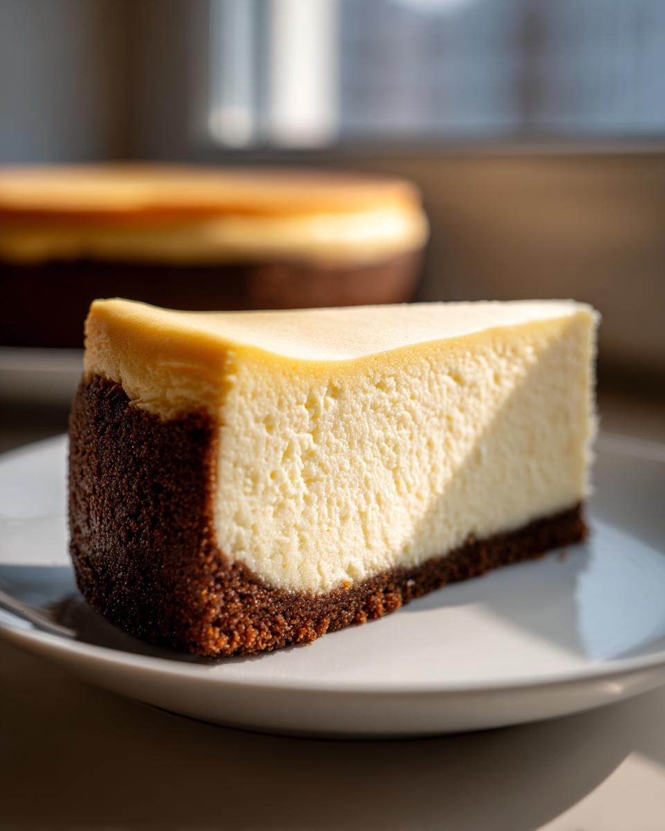 A thick slice of creamy New York cheesecake with a dark chocolate graham cracker crust on a white plate.