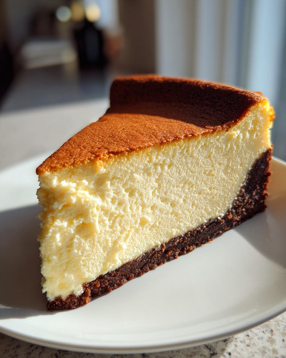A rich slice of New York cheesecake featuring a creamy center and dark chocolate crust, beautifully lit by sunlight.