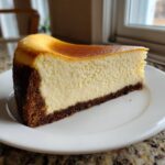 A thick, creamy slice of New York Cheesecake with a dark graham cracker crust and a golden-brown top.
