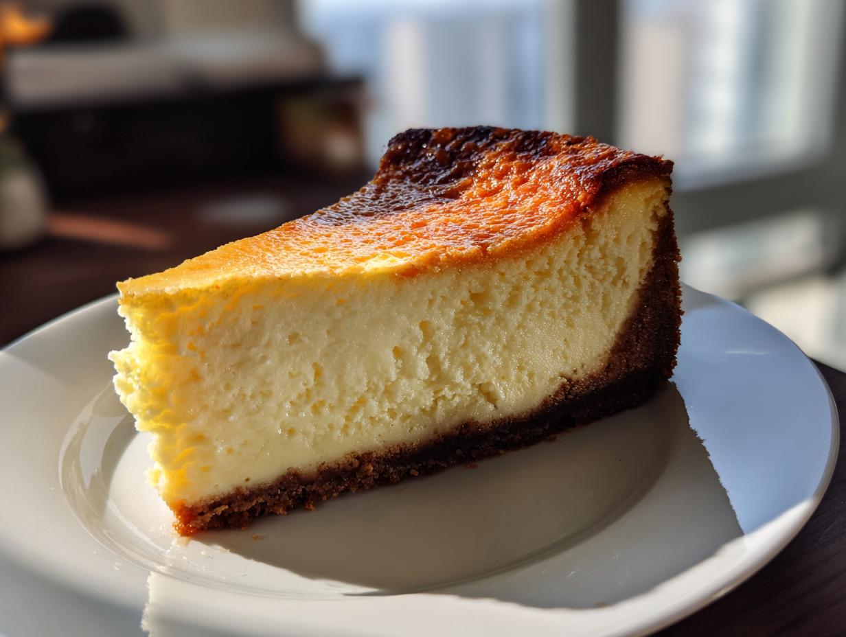 A thick, creamy slice of New York cheesecake with a dark, caramelized top resting on a white plate.