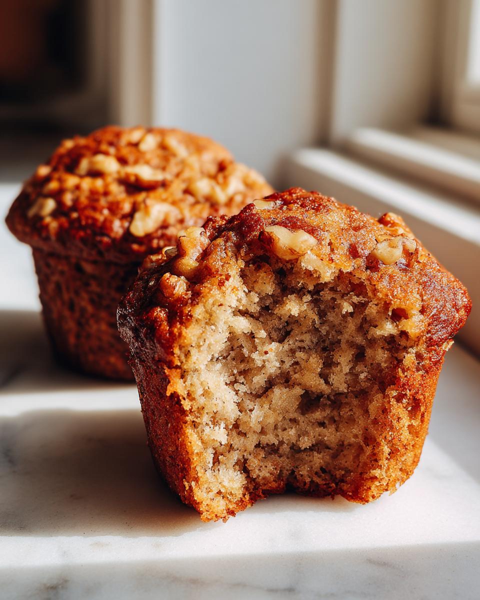 A close-up shot of a freshly baked banana nut muffin with a bite taken out, revealing the moist interior and walnut topping.