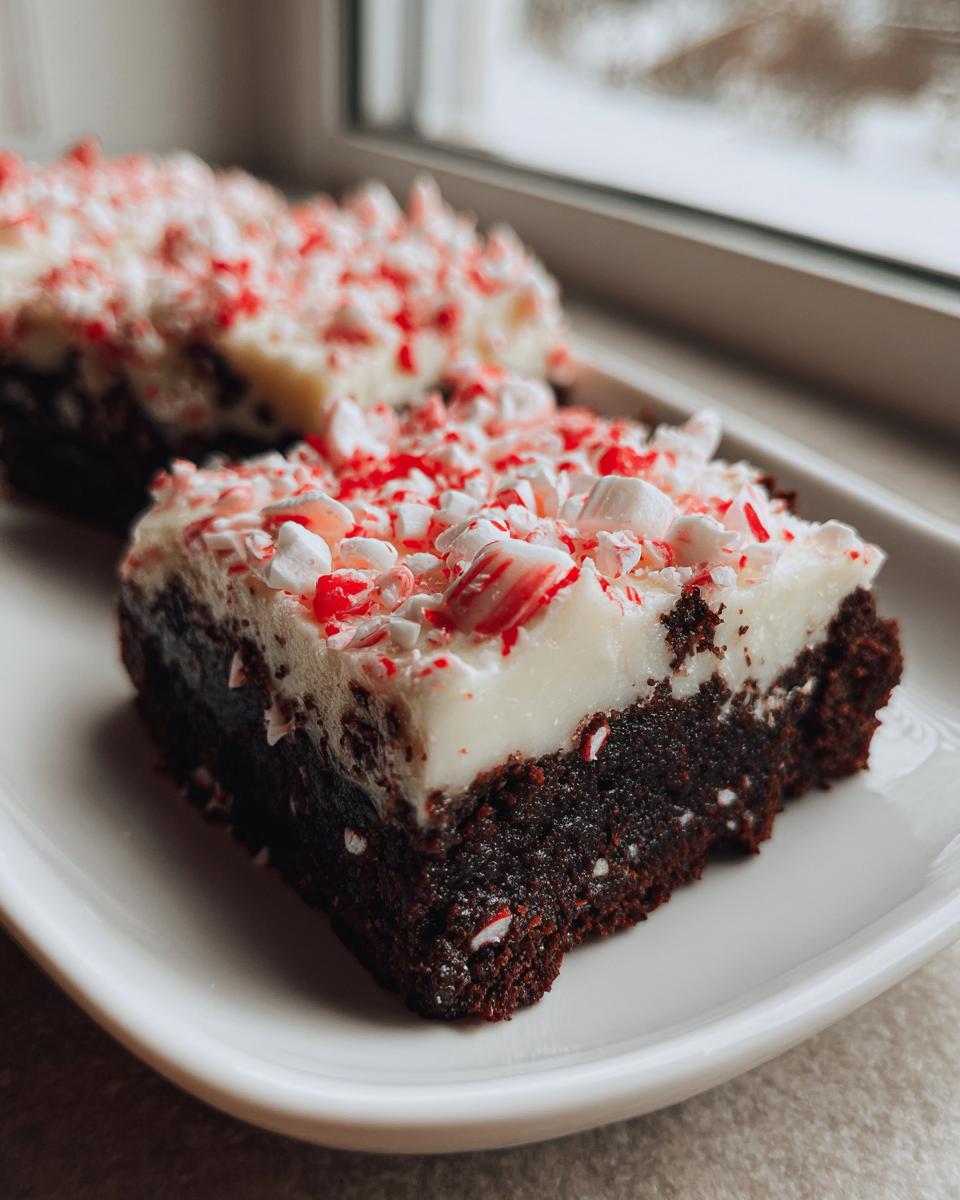 A close-up of a rich, dark chocolate peppermint brownies square topped with white frosting and crushed candy canes.