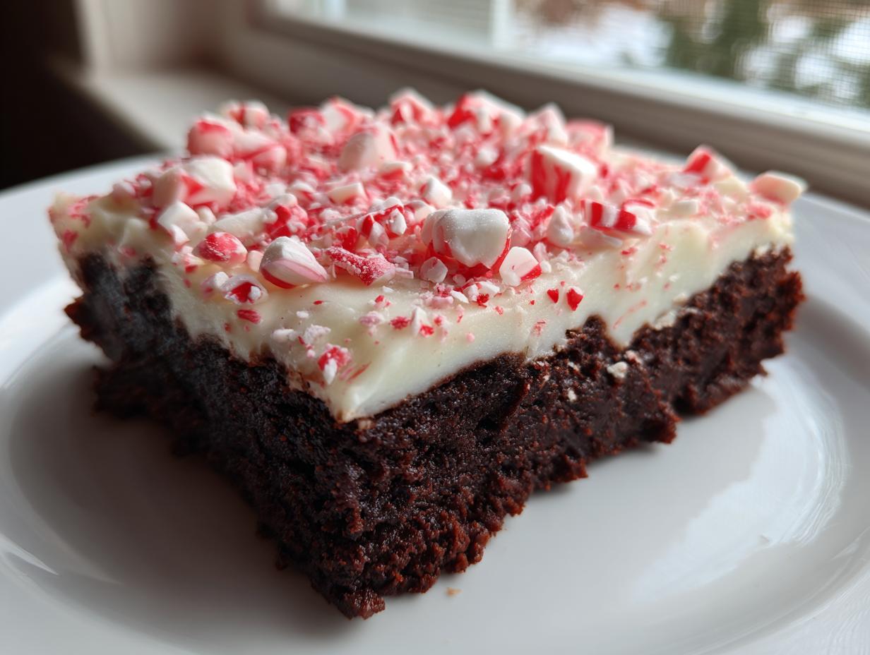 A rich, dark chocolate peppermint brownies square topped with white frosting and crushed candy canes.