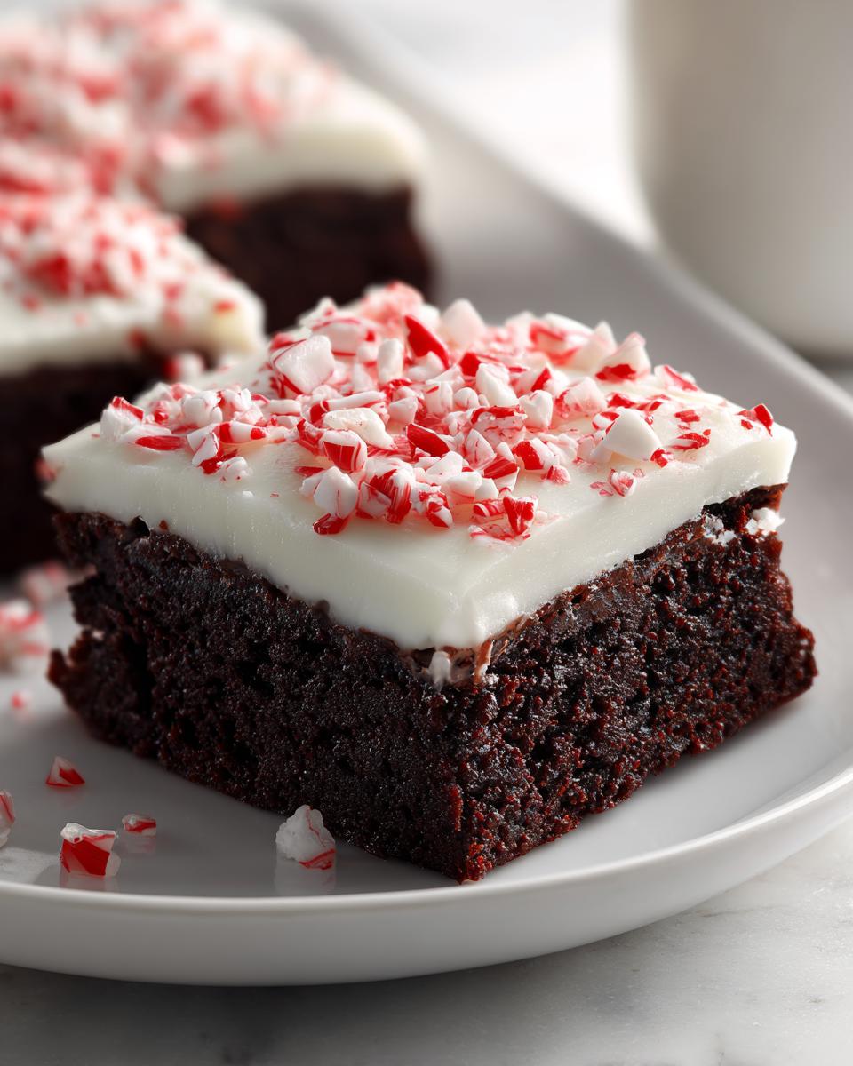 A rich, dark chocolate square of peppermint brownies topped with white frosting and crushed candy canes.