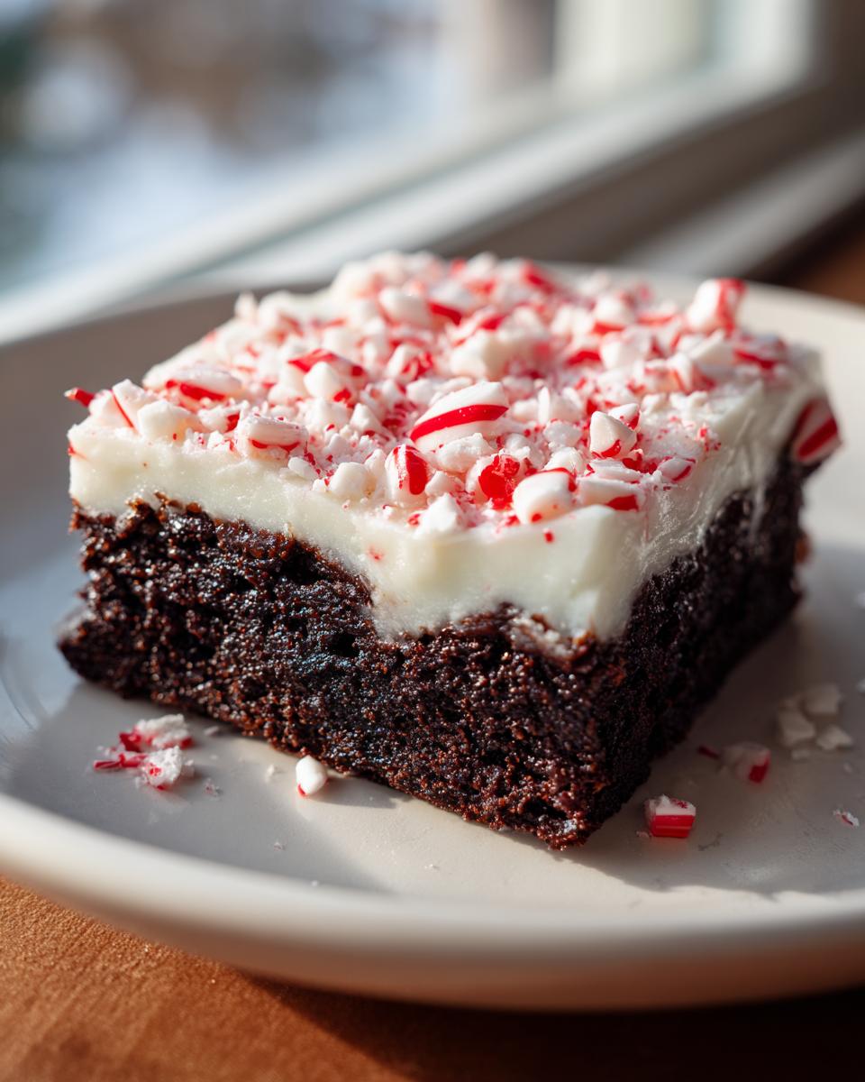 A rich, dark chocolate square of peppermint brownies topped with thick white frosting and crushed candy canes.