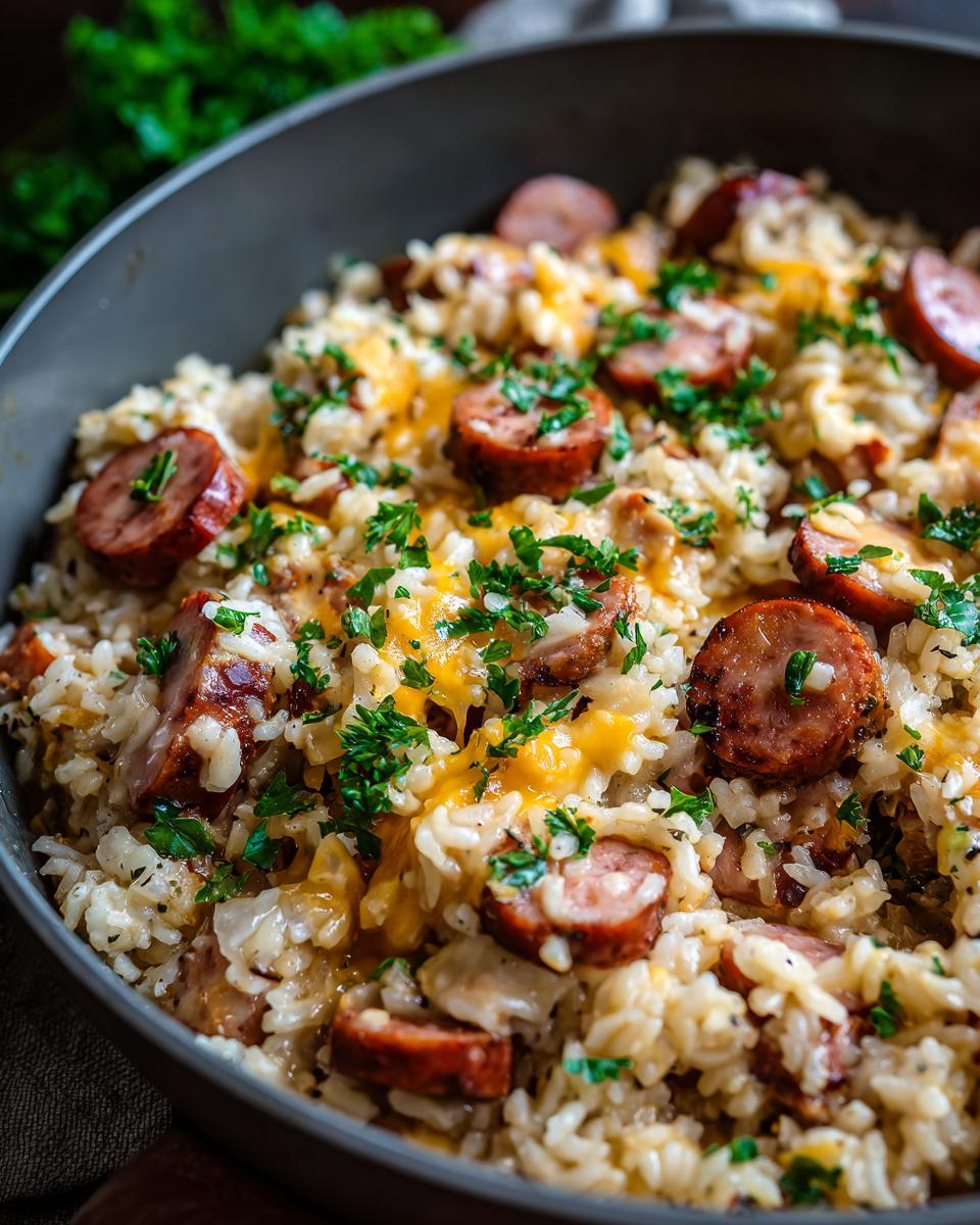 Close-up of creamy sausage and rice casserole topped with melted cheddar cheese and fresh parsley.