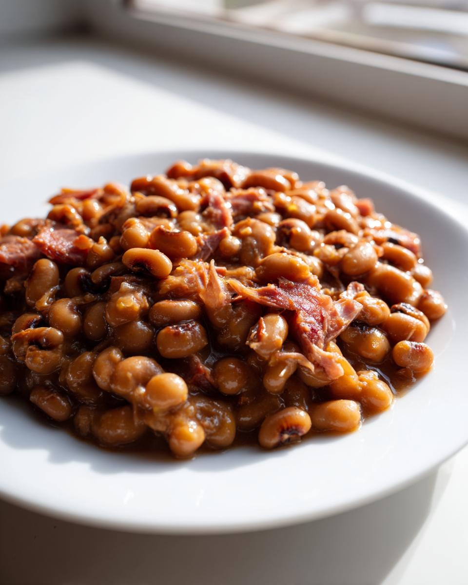 Close-up of a white plate piled high with rich, saucy black eyed peas mixed with shredded ham.