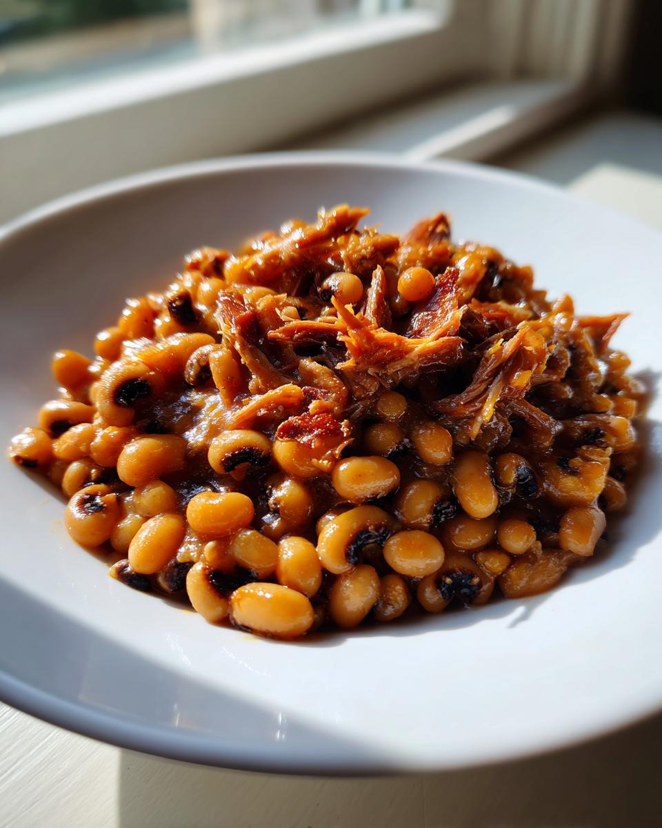 Close-up of a white bowl filled with rich, savory black eyed peas topped with shredded smoked meat.