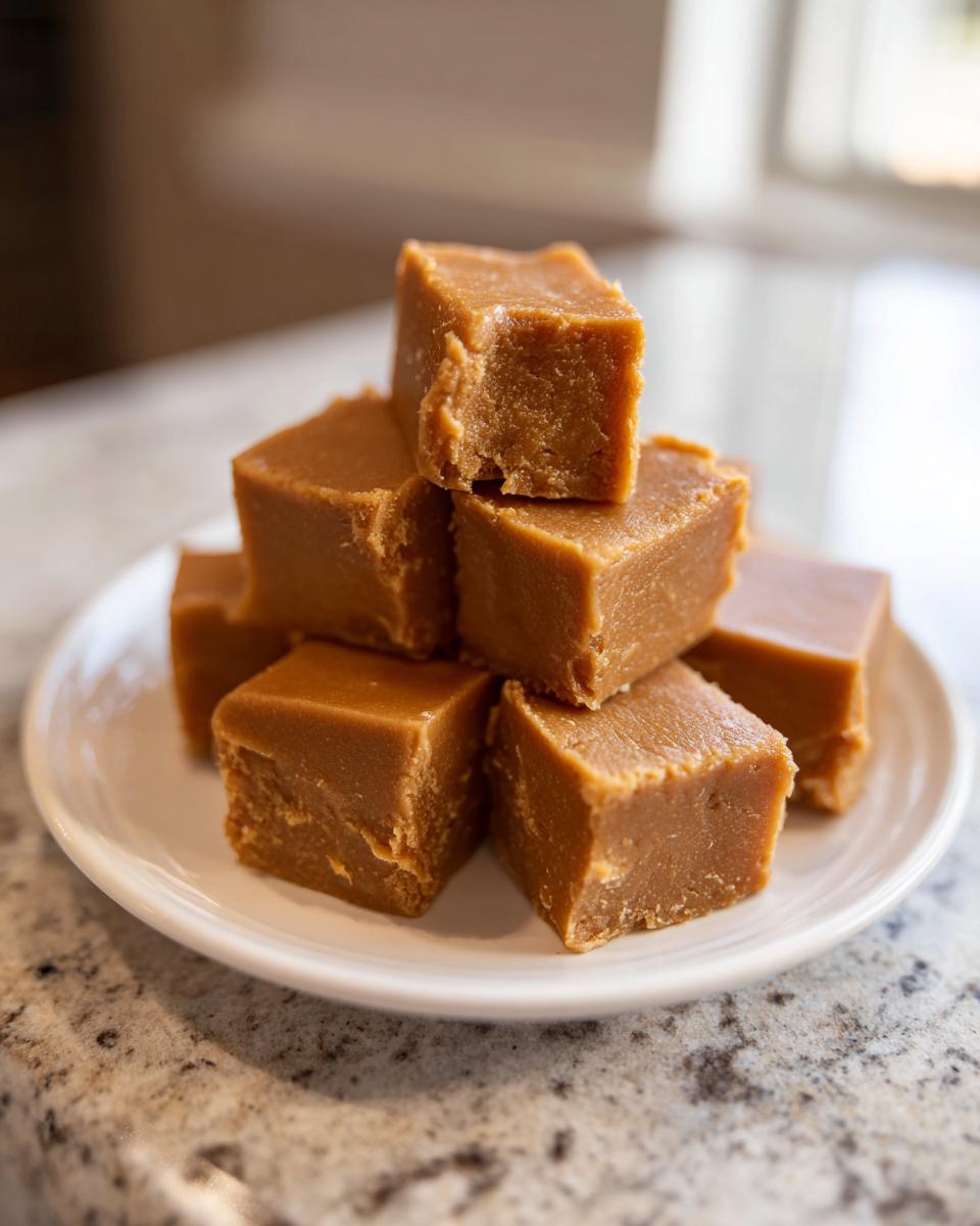 A stack of creamy, square pieces of peanut butter fudge recipe served on a small white plate.