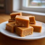 A stack of rich, creamy squares of homemade peanut butter fudge recipe on a white plate.