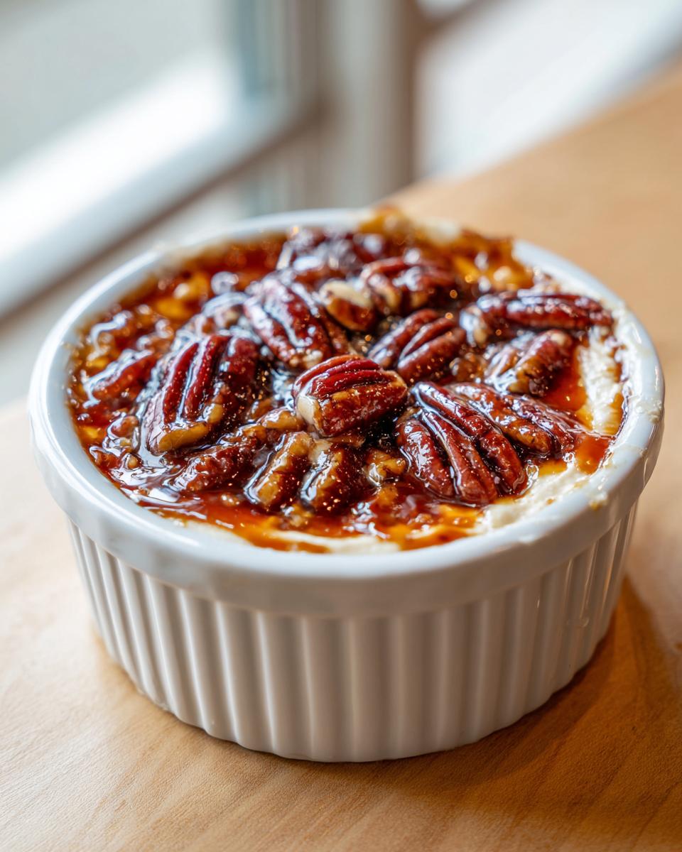 A close-up of a white ramekin filled with creamy pecan pie dip, topped generously with glazed pecans.
