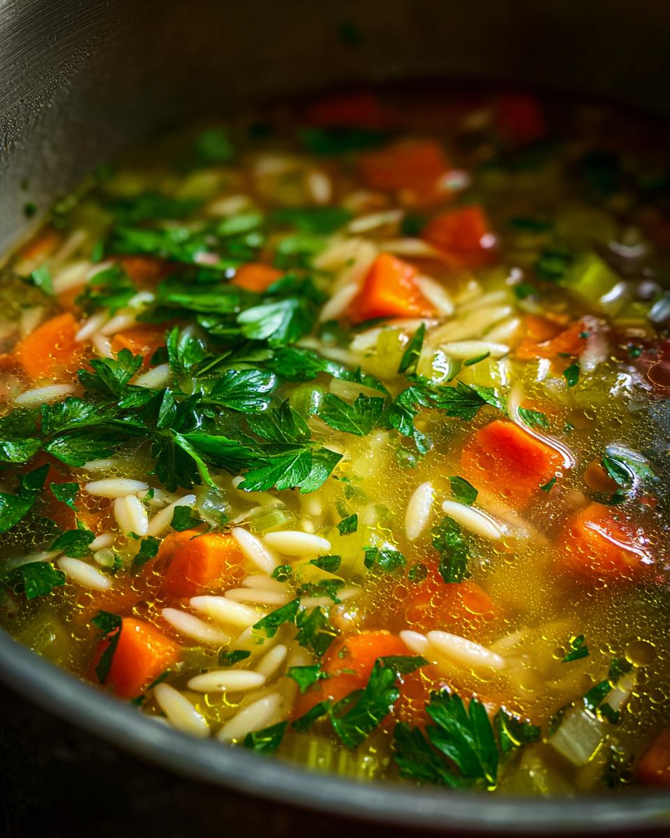 Close-up of simmering penicillin soup featuring rich broth, orzo pasta, diced carrots, celery, and fresh parsley garnish.