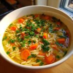 A close-up view of a bowl of hot penicillin soup filled with orzo pasta, diced carrots, celery, and topped with fresh parsley.