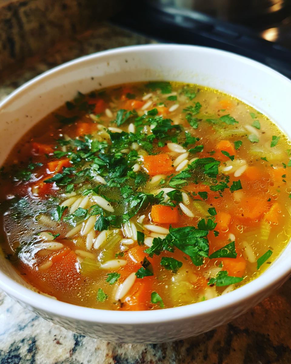 Close-up of a white bowl filled with amazing penicillin soup, featuring broth, orzo pasta, diced carrots, and fresh parsley garnish.
