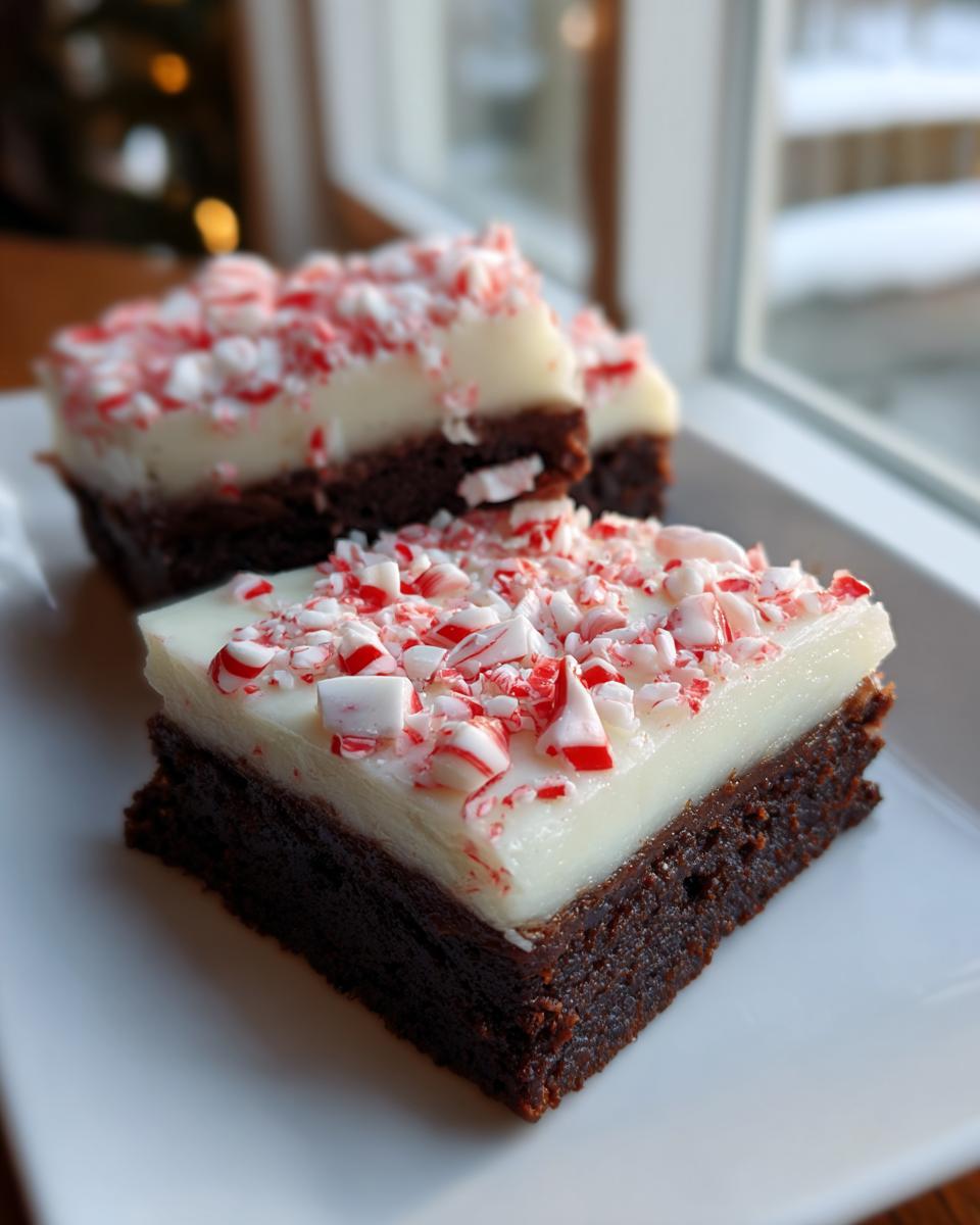 Two squares of rich chocolate peppermint brownies topped with white frosting and crushed candy canes.