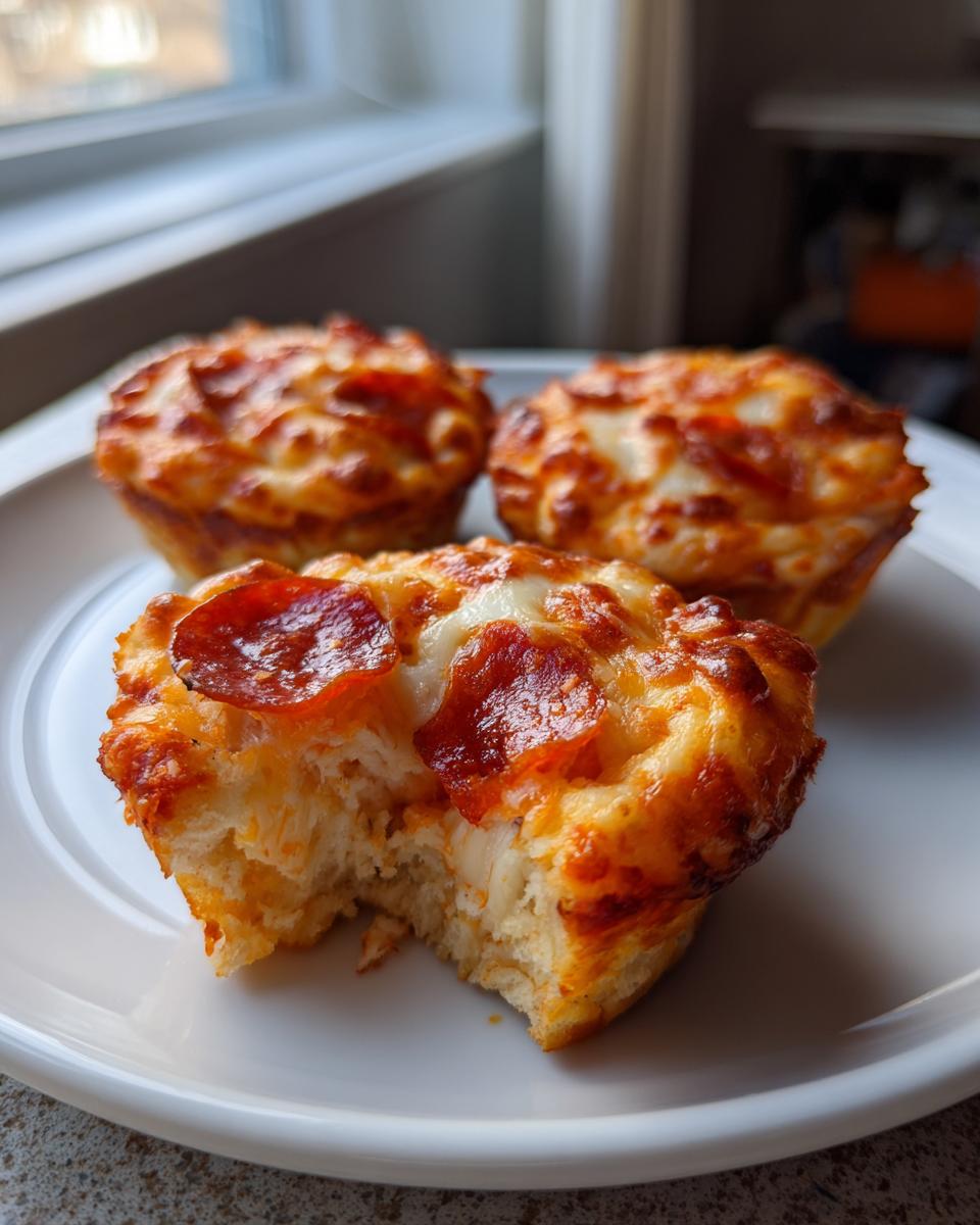 Three golden-brown pepperoni pizza muffins on a white plate, one with a bite taken out showing the fluffy interior.