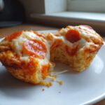 A pepperoni pizza muffin cut open showing melted, stringy cheese and a soft interior.