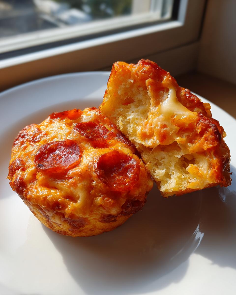 One whole and one halved pepperoni pizza muffins showing cheesy interior texture.