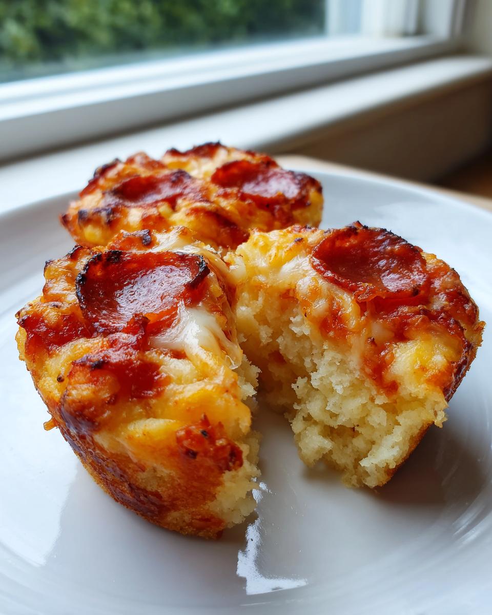 A close-up of two pepperoni pizza muffins on a white plate, one broken open to show the fluffy interior.