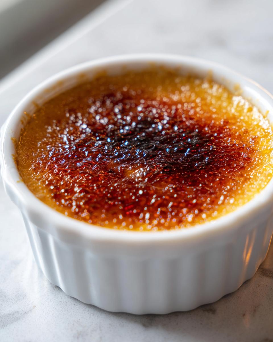 Close-up of a classic Creme Brulee with a deeply caramelized, glossy sugar crust in a white ramekin.