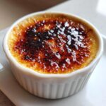 Close-up of a classic Creme Brulee with a deeply caramelized, glossy, and cracked sugar top.