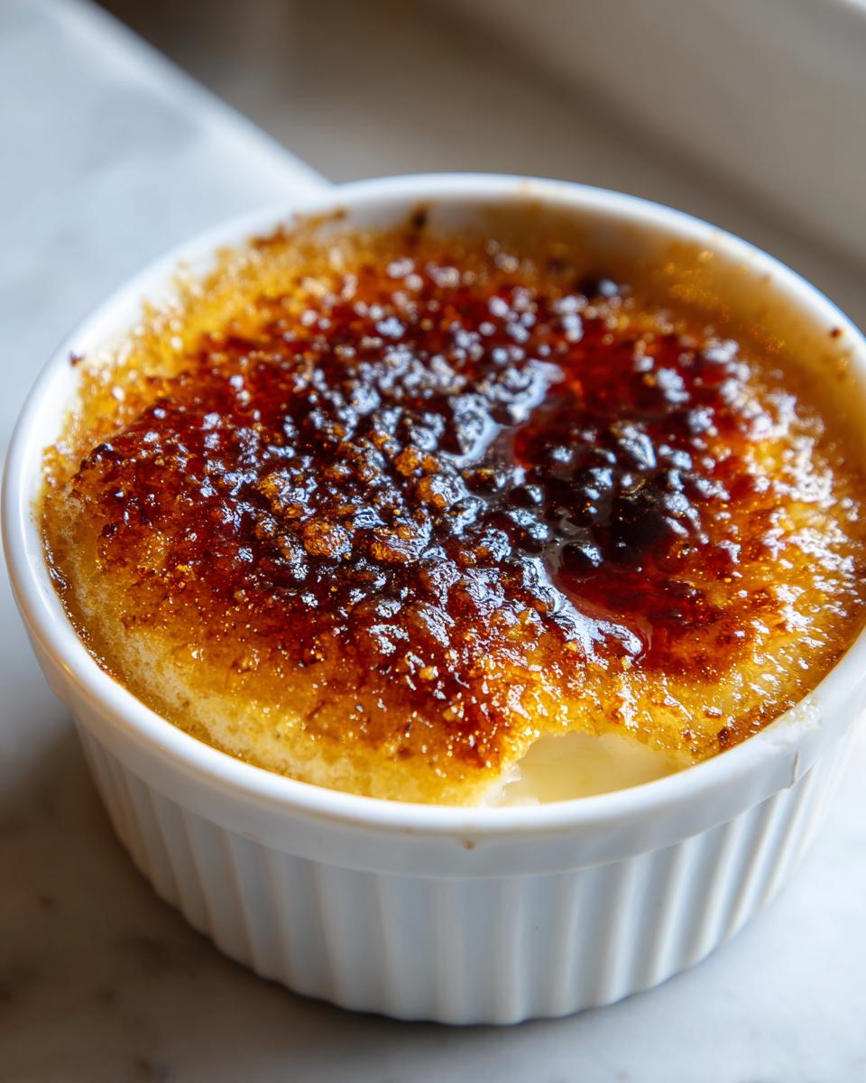 Close-up of a single serving of creme brulee with a perfectly caramelized, cracked sugar top.