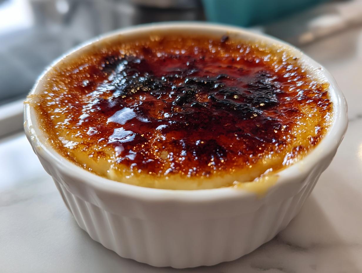 Close-up of a freshly made creme brulee with a deeply caramelized, crackling sugar top in a white ramekin.