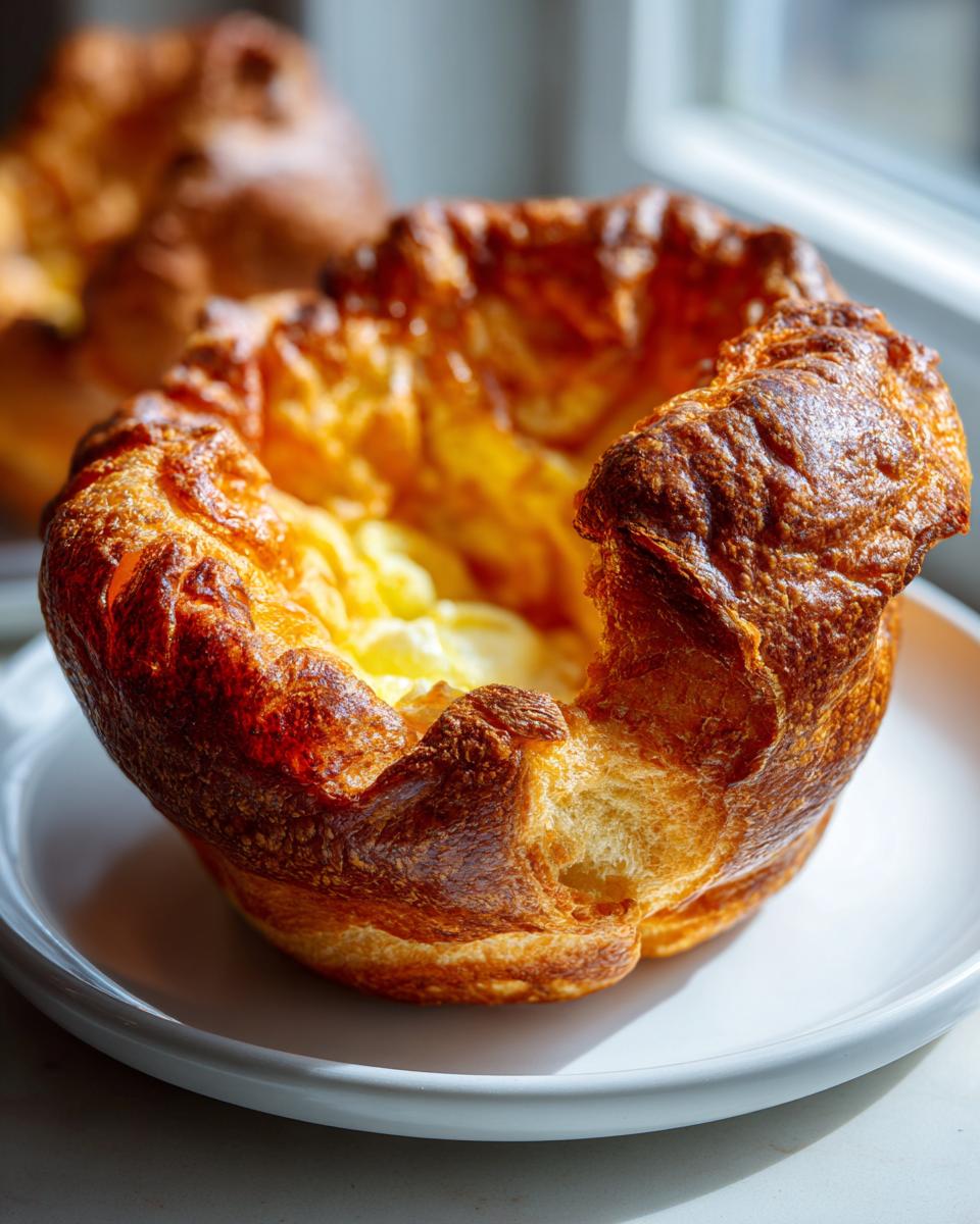 A close-up of a perfectly risen, golden brown yorkshire pudding with a soft, eggy center, sitting on a white plate.