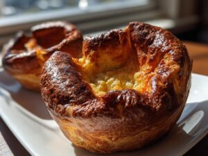 Close-up of a golden brown, perfectly risen yorkshire pudding with a crisp exterior.