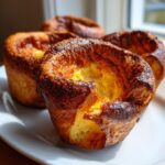 Close-up of three golden brown, perfectly risen yorkshire pudding on a white plate.