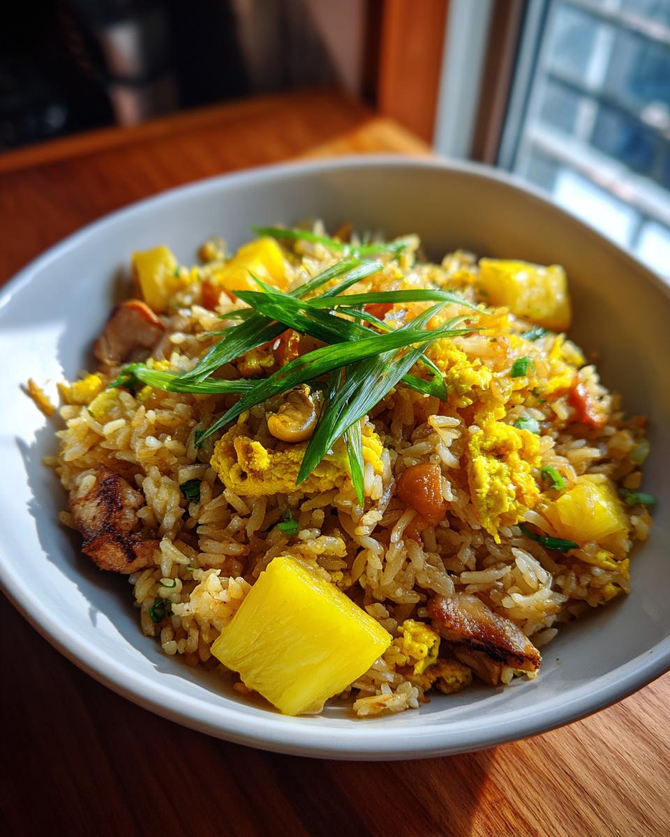 A close-up of a bowl filled with vibrant pineapple fried rice, featuring chunks of pineapple, scrambled egg, and topped with fresh green scallions.
