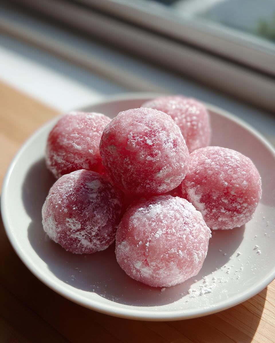 A close-up of five pink, round watermelon mochi dusted heavily with white powdered sugar on a white plate.