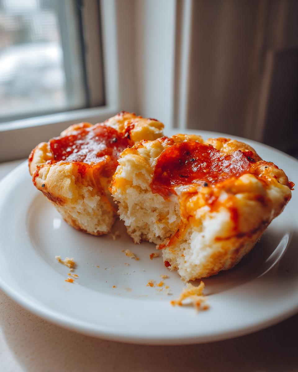 A close-up shot showing a pizza muffin broken in half, revealing the fluffy interior and pepperoni topping.