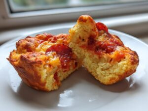 A single pepperoni pizza muffin cut in half showing the fluffy interior and cheesy topping.