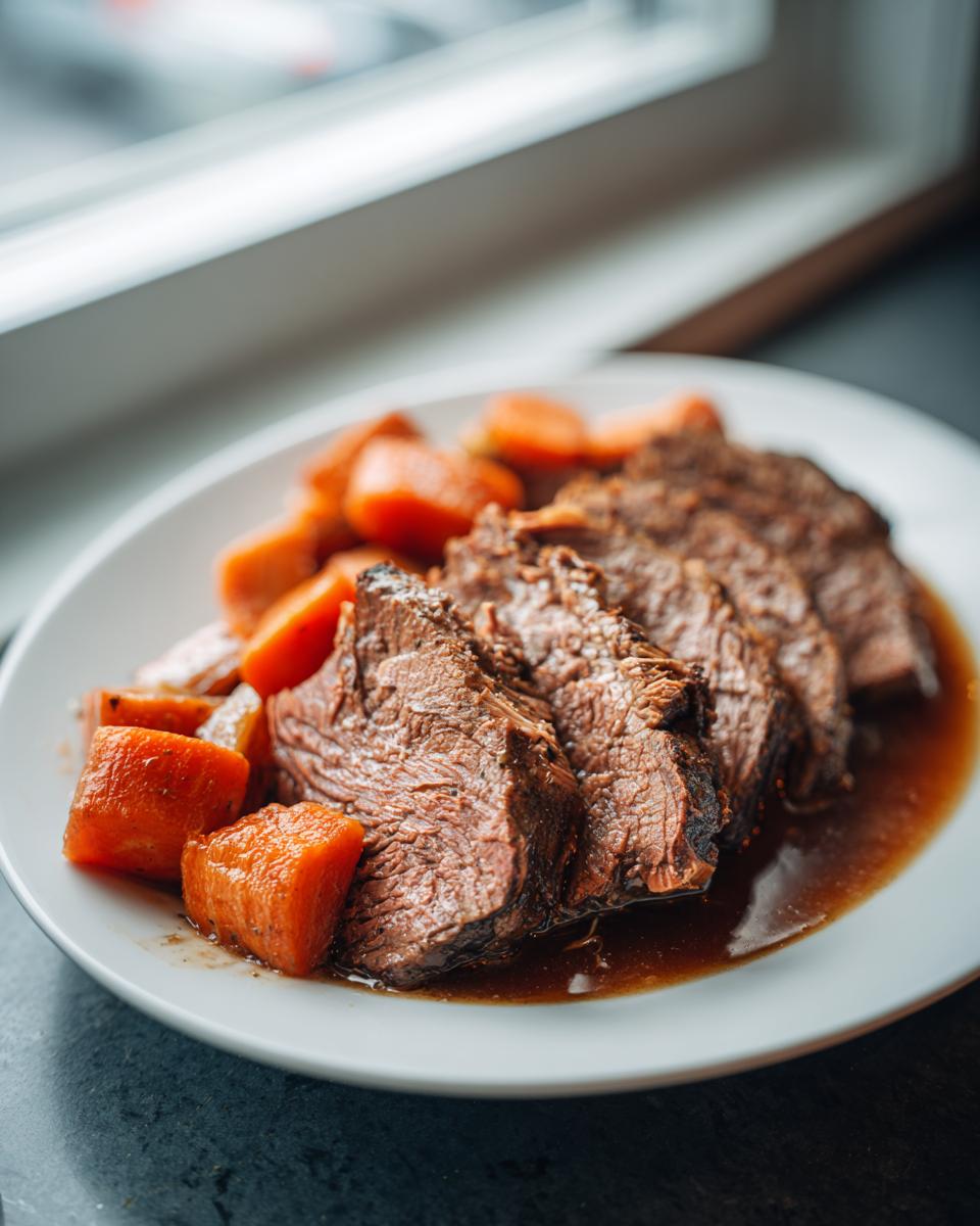 Slices of tender pot roast served with glazed carrots in rich gravy, perfect for Sunday dinner ideas.