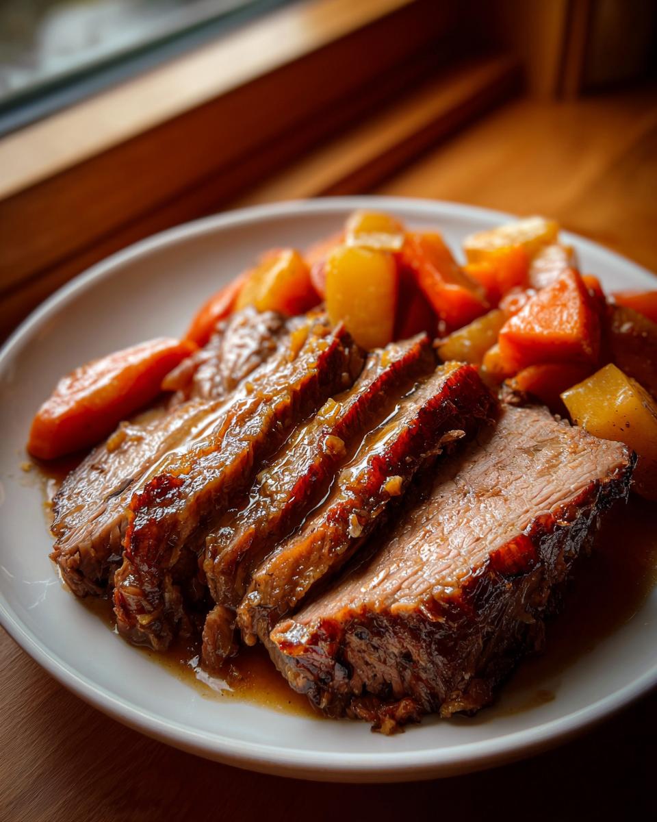 Slices of tender pot roast covered in gravy served with carrots and potatoes, perfect for Sunday dinner ideas.