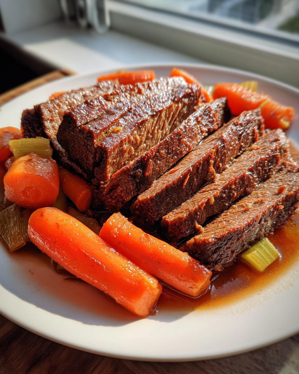 Slices of tender pot roast served with glazed carrots and celery, perfect for Sunday dinner ideas.