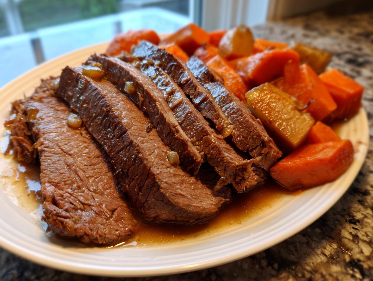 Slices of tender pot roast served with glazed carrots, perfect for Sunday dinner ideas.