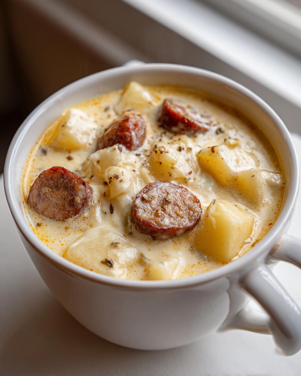 Close-up of a hearty bowl of potato and sausage chowder, featuring chunks of potato and sliced smoked sausage in a creamy broth.