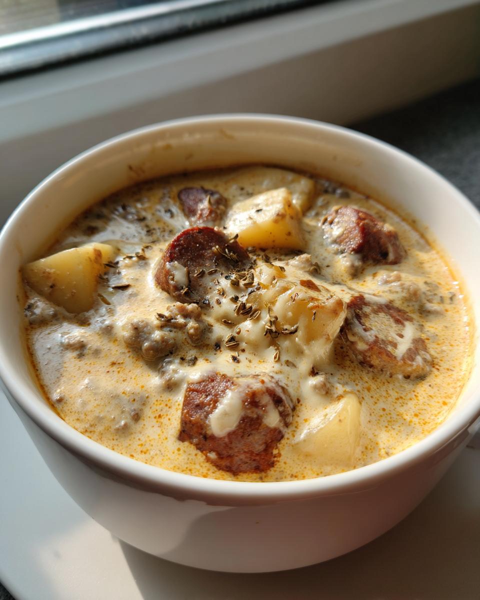 Close-up of rich potato and sausage chowder, featuring chunks of sausage and potato in a creamy broth, topped with herbs.