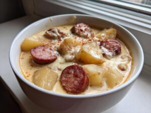 Close-up of a creamy potato and sausage chowder in a white bowl, topped with melted cheese and paprika.