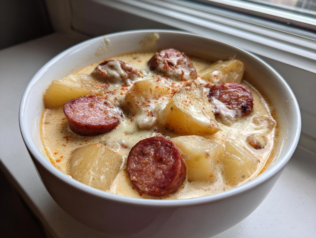 Close-up of a creamy potato and sausage chowder in a white bowl, topped with melted cheese and paprika.