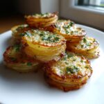 A close-up of several golden brown potato stacks with garlic herb butter, garnished with fresh parsley.