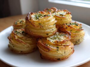 A close-up of several golden-brown potato stacks with garlic herb butter, garnished with fresh parsley.