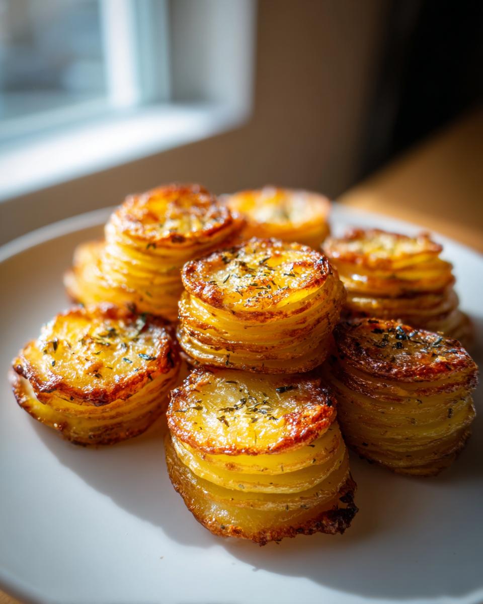 Close-up of several golden brown potato stacks with garlic herb butter, beautifully baked and stacked on a white plate.