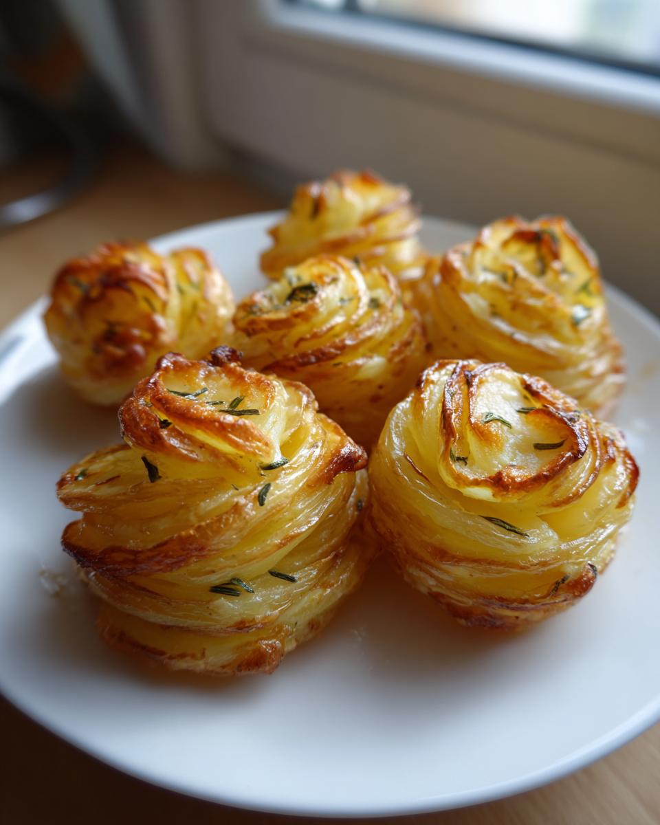Close-up of six golden brown potato stacks with garlic herb butter baked on a white plate.