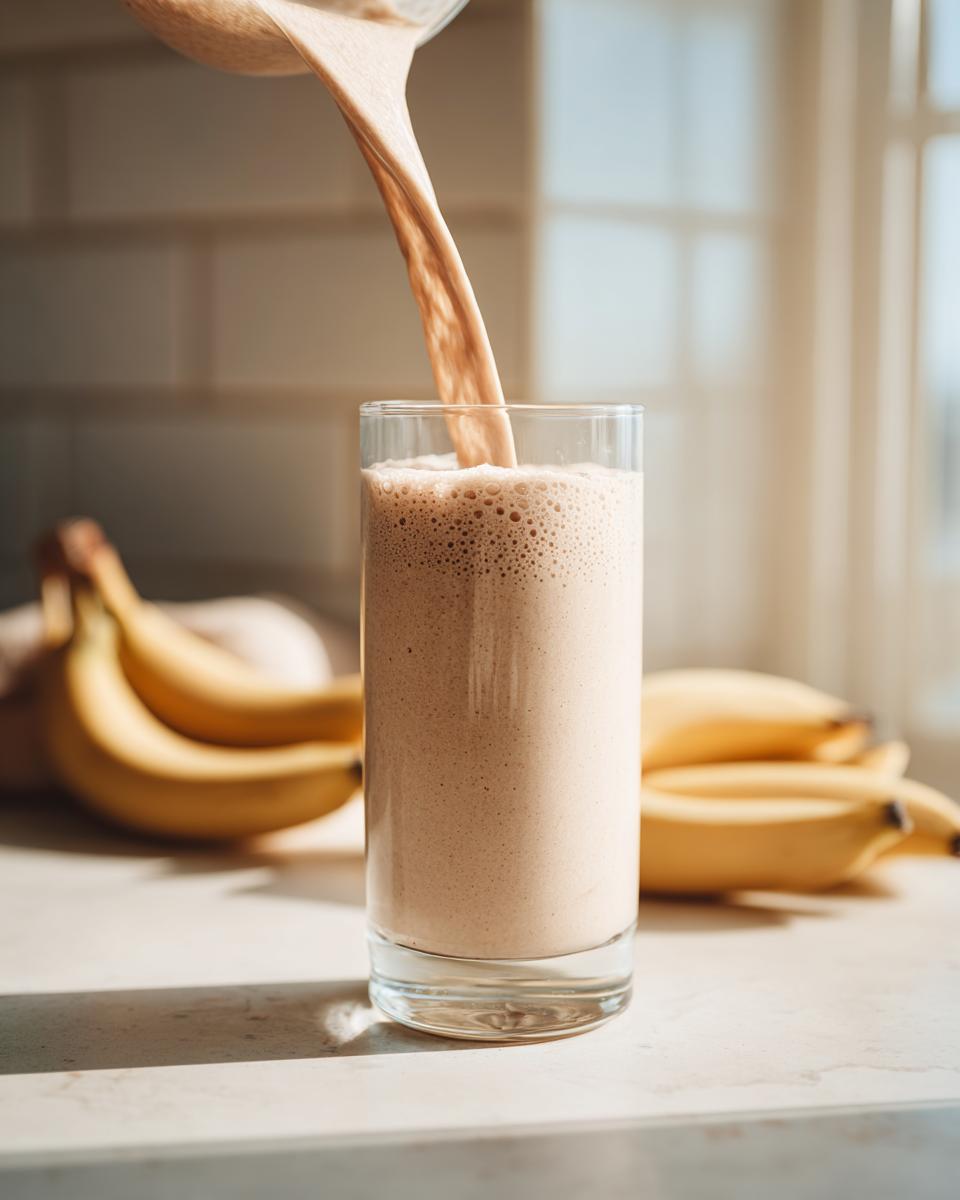 A creamy, light brown banana smoothie is being poured into a tall glass, with fresh bananas visible in the background.